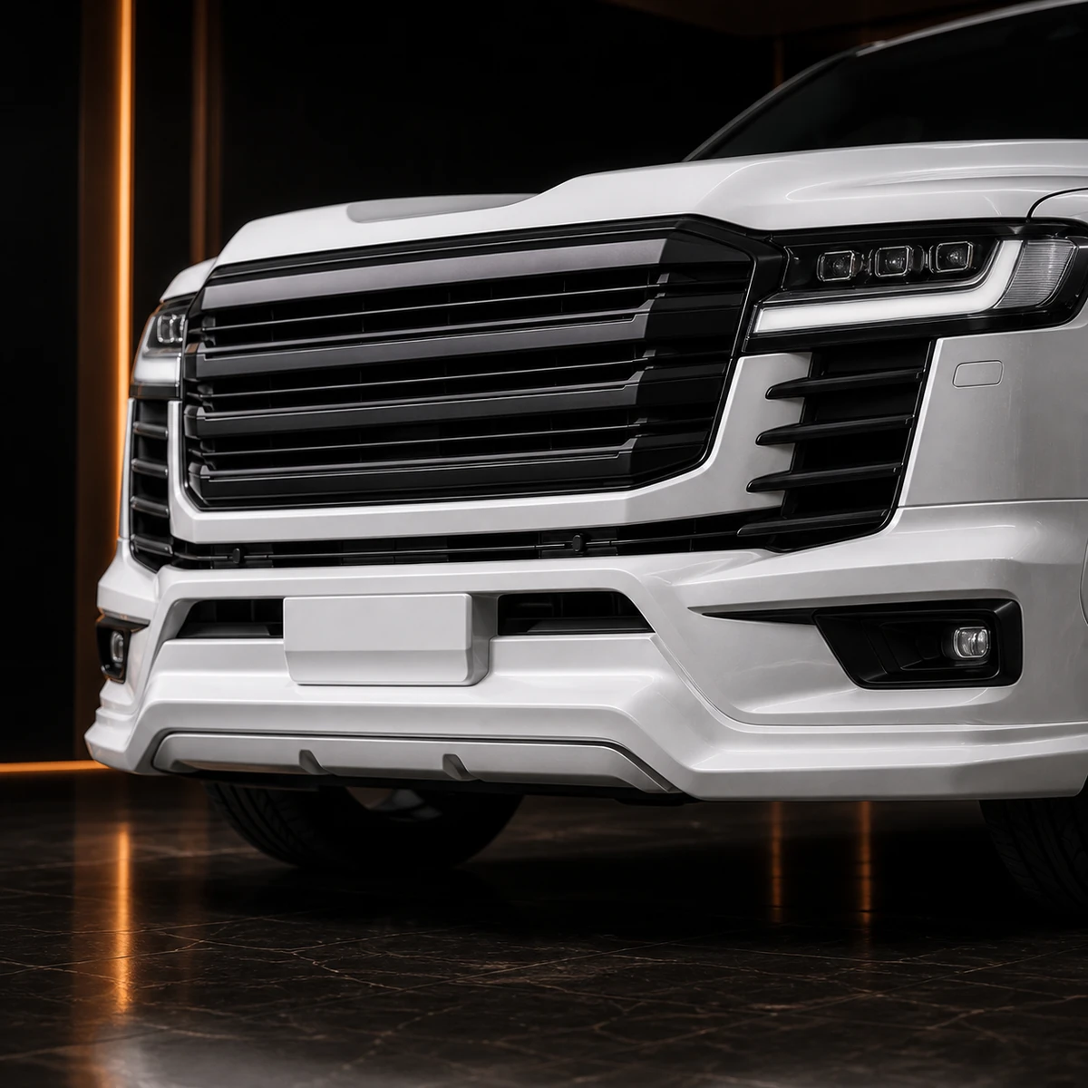 Pearl White Land Cruiser 300 ZX Urban front half spoiler and number-base AI concept detail