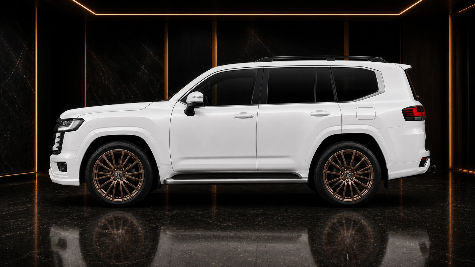 Pearl White factory-width Land Cruiser 300 ZX bronze wheels and original arches AI concept profile
