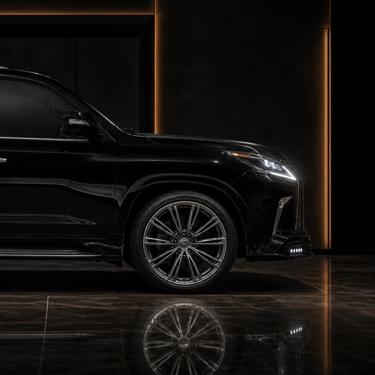 Lexus LX570 satin titanium wheel and factory arch AI concept detail