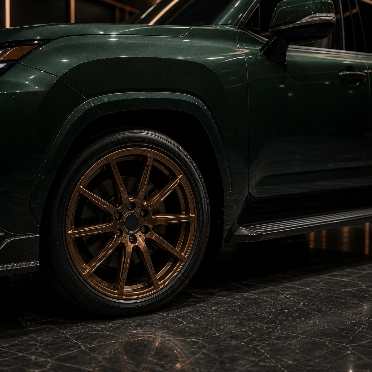 Lexus LX original front metal arch factory running board and bronze wheel AI concept detail