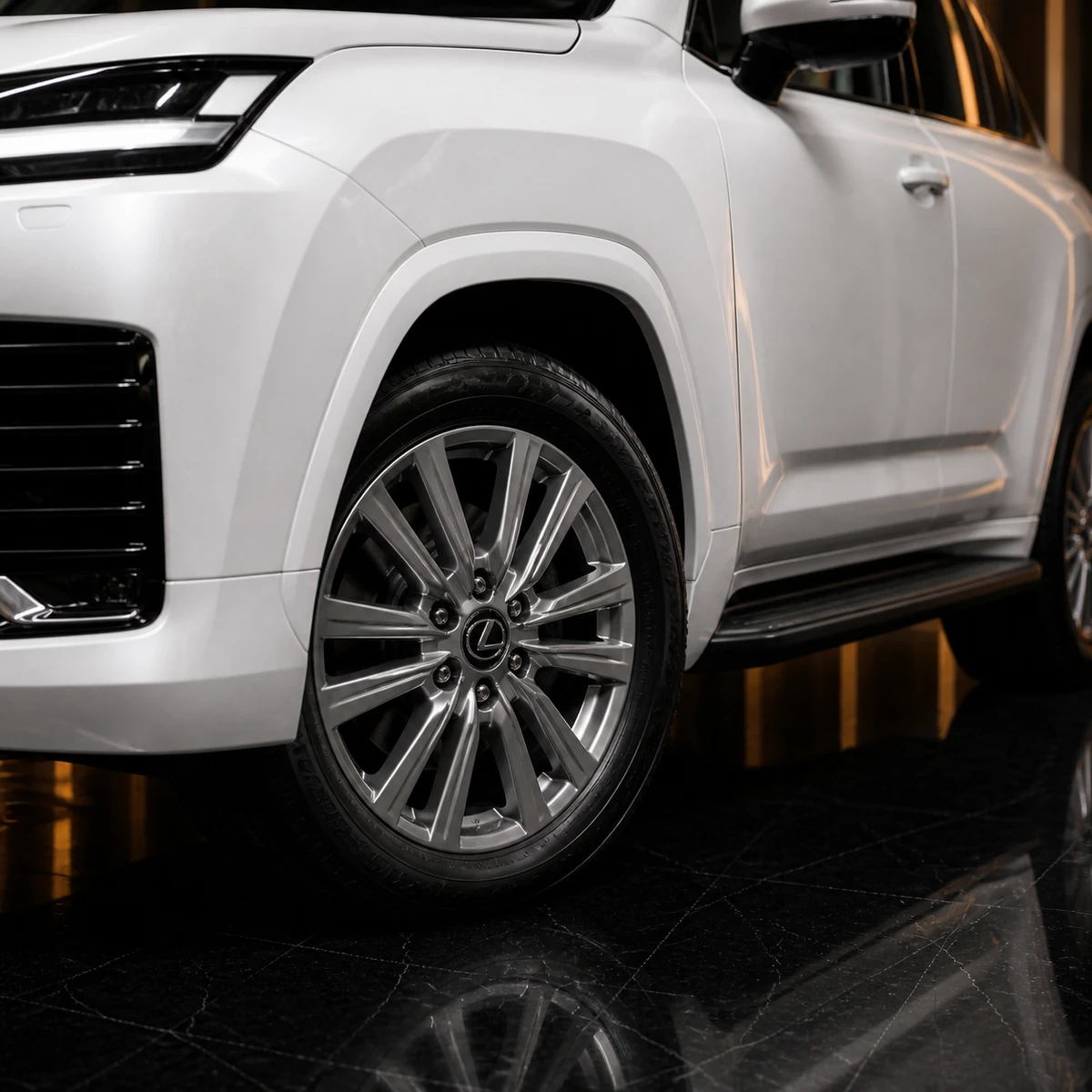 Lexus LX original front metal arch factory running board and silver wheel AI concept detail