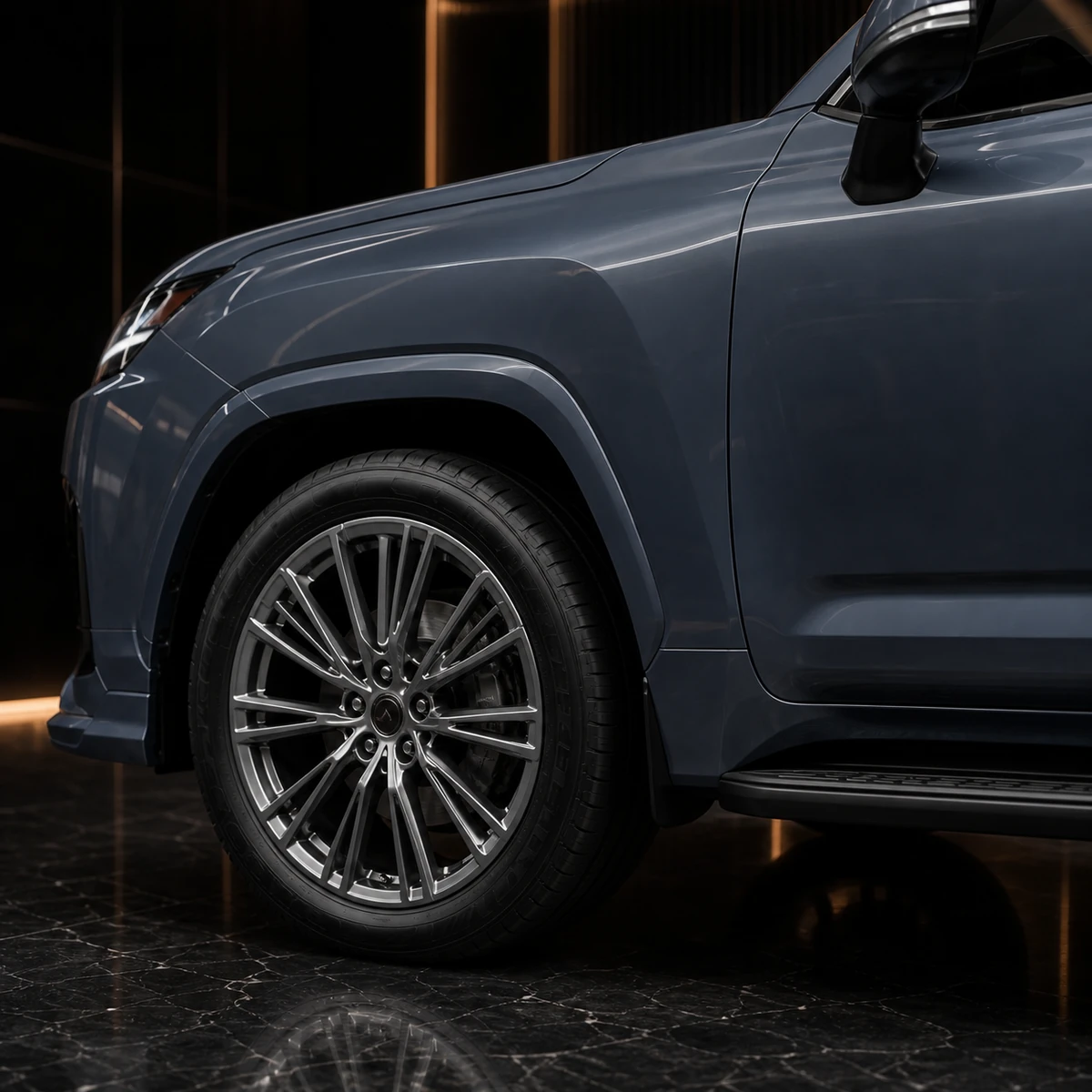 Lexus LX original front metal arch factory running board and turbine wheel AI concept detail