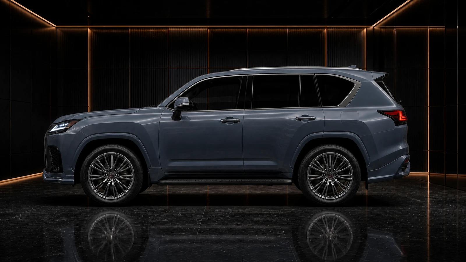 Titanium Blue-Grey Lexus LX600 LX700h original arches and running boards AI concept profile
