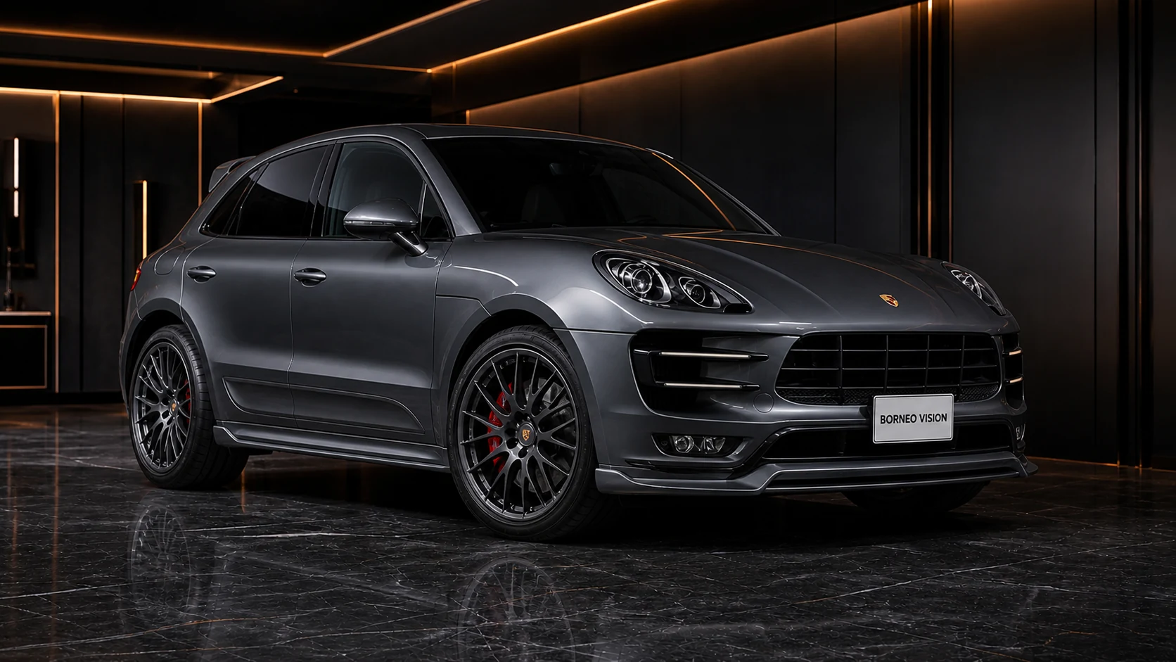 Graphite Grey Porsche Macan Turbo 95B Black Label Aero and Gate 4P Complete front AI concept visual