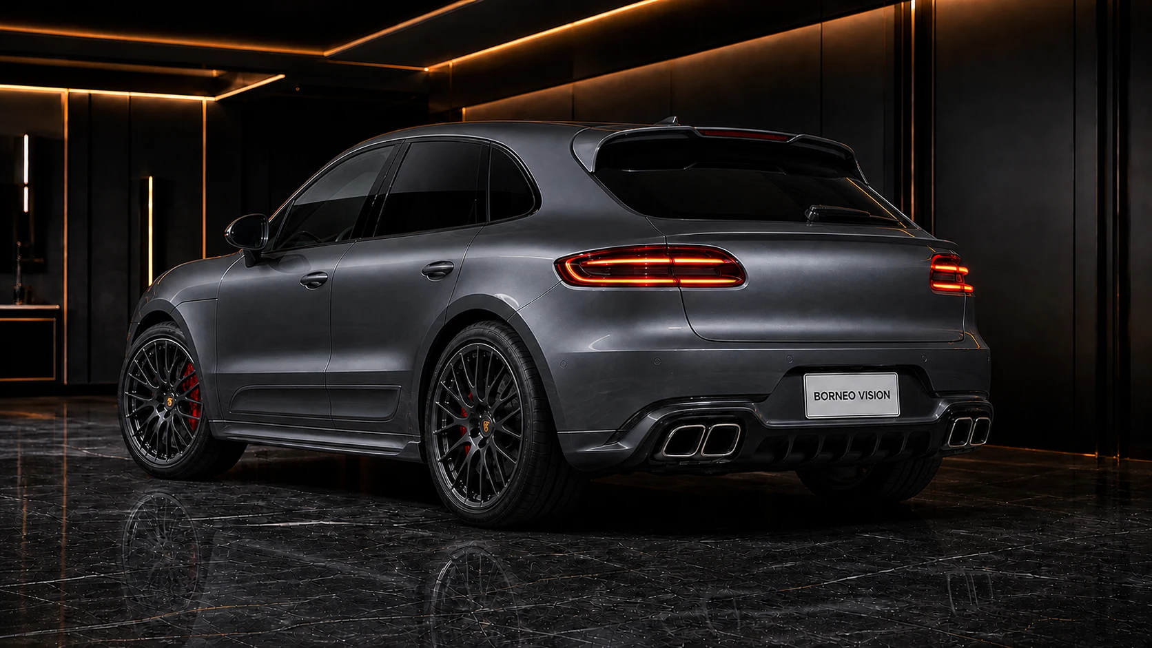 Graphite Grey Porsche Macan Turbo 95B replacement rear diffuser and rear-gate spoiler AI concept visual