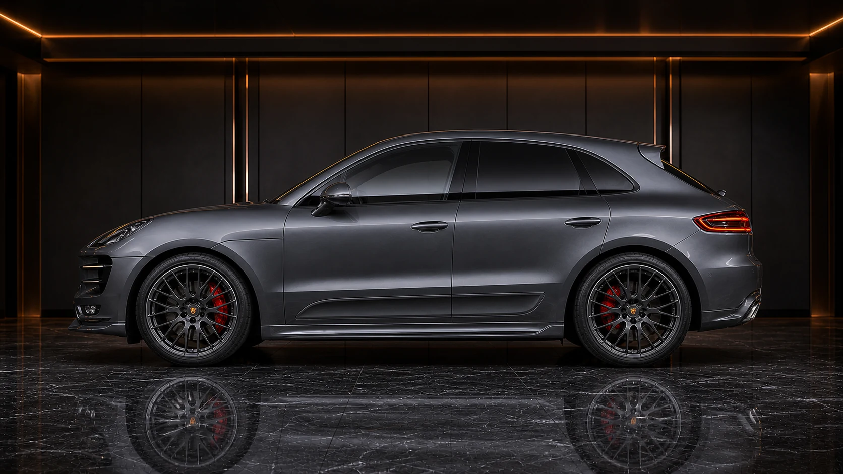 Graphite Grey Porsche Macan Turbo 95B factory-width two-piece side under spoiler AI concept visual