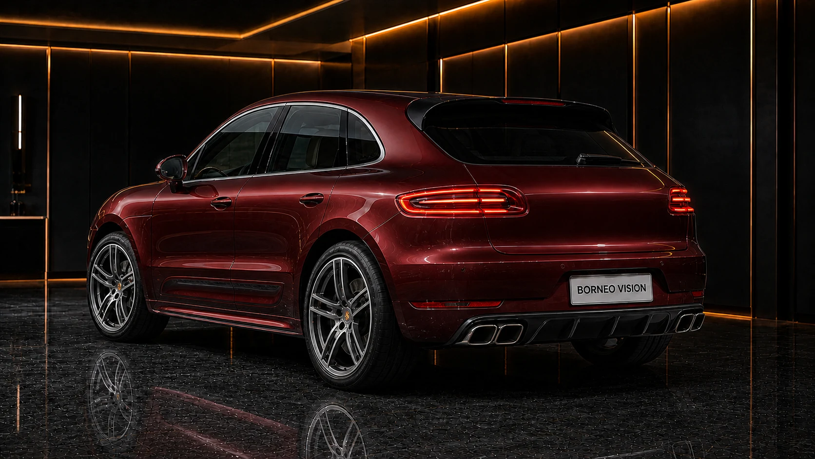 Deep Burgundy Porsche Macan Turbo 95B factory-width replacement rear diffuser AI concept visual
