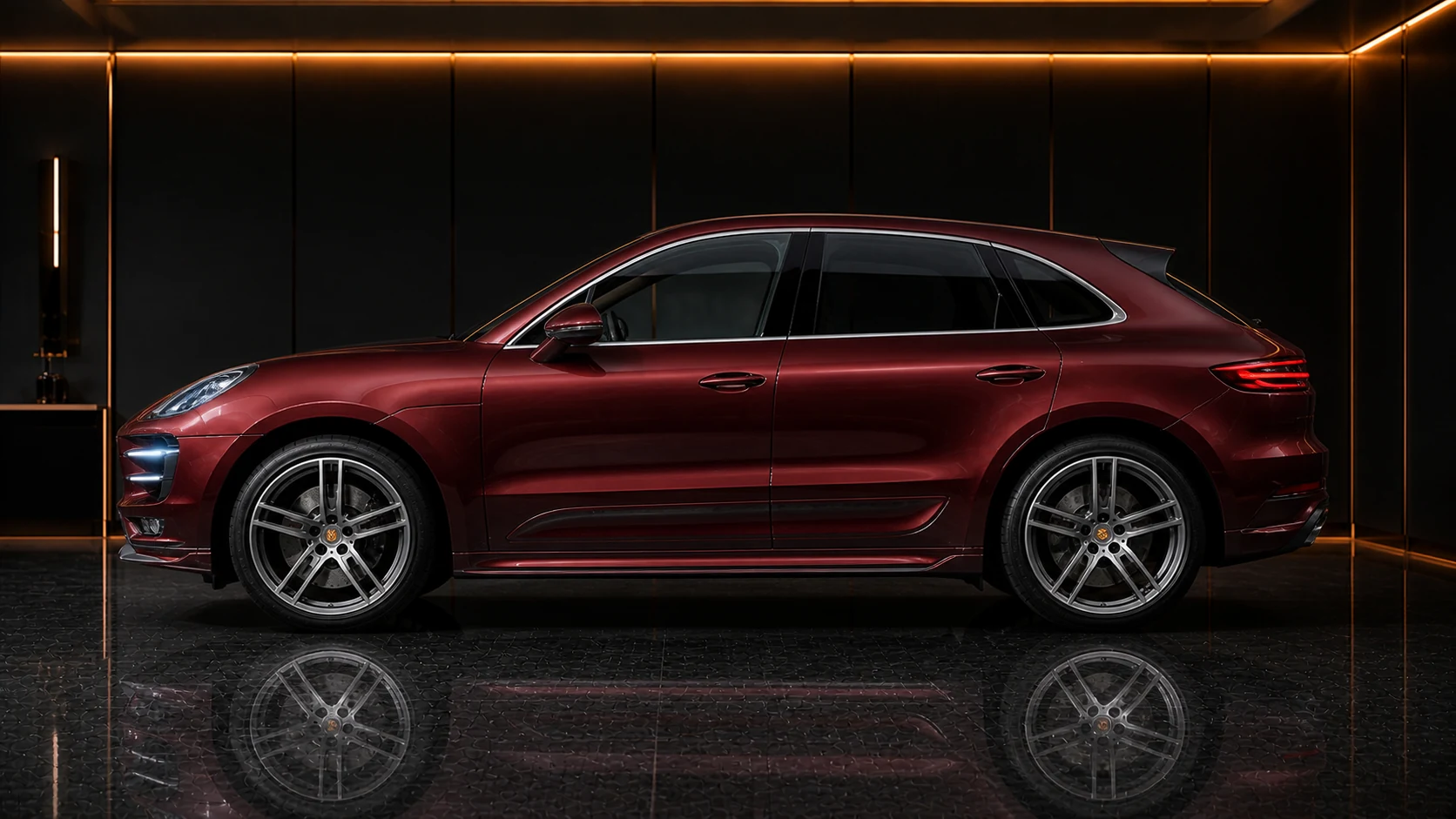 Deep Burgundy Porsche Macan Turbo 95B factory-width two-piece side under spoiler AI concept visual