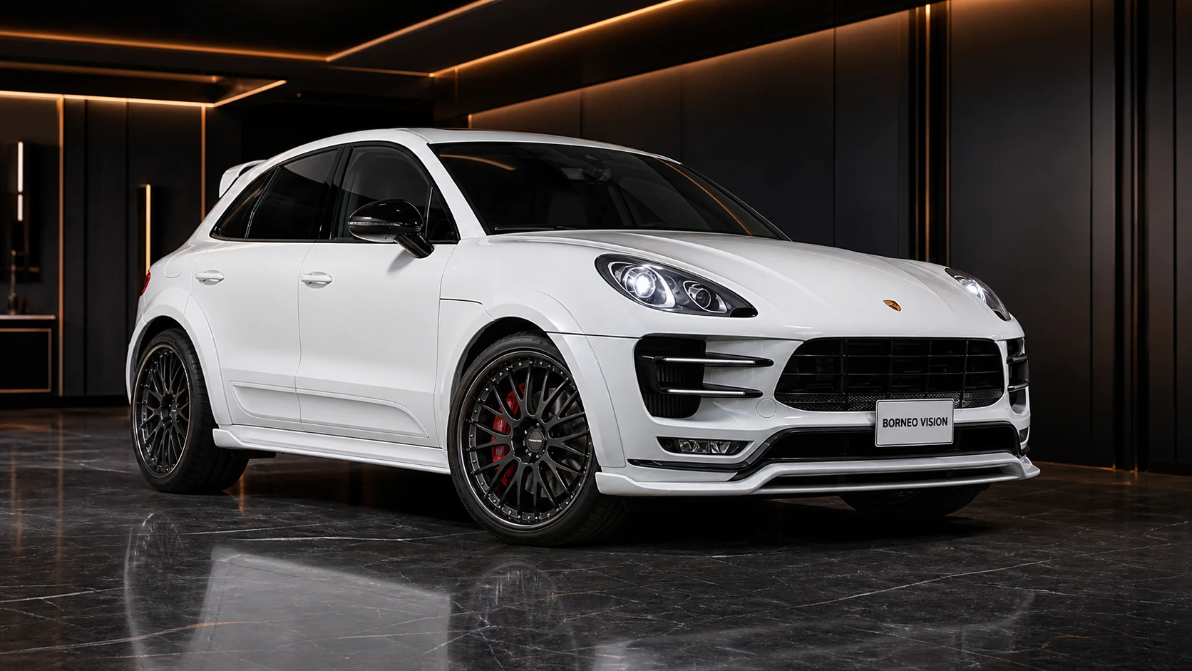 Chalk White Porsche Macan Turbo 95B Black Label Widebody 5P Complete front AI concept visual