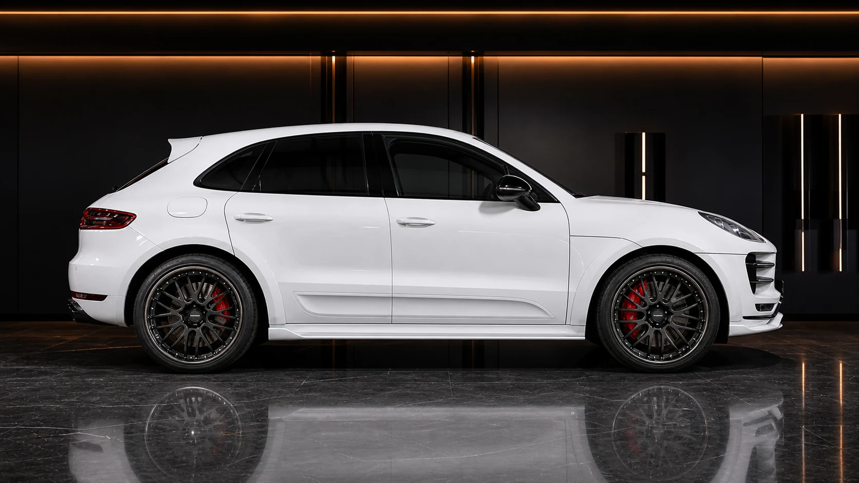 Chalk White Porsche Macan Turbo 95B two-piece side spoiler and overfender AI concept side visual