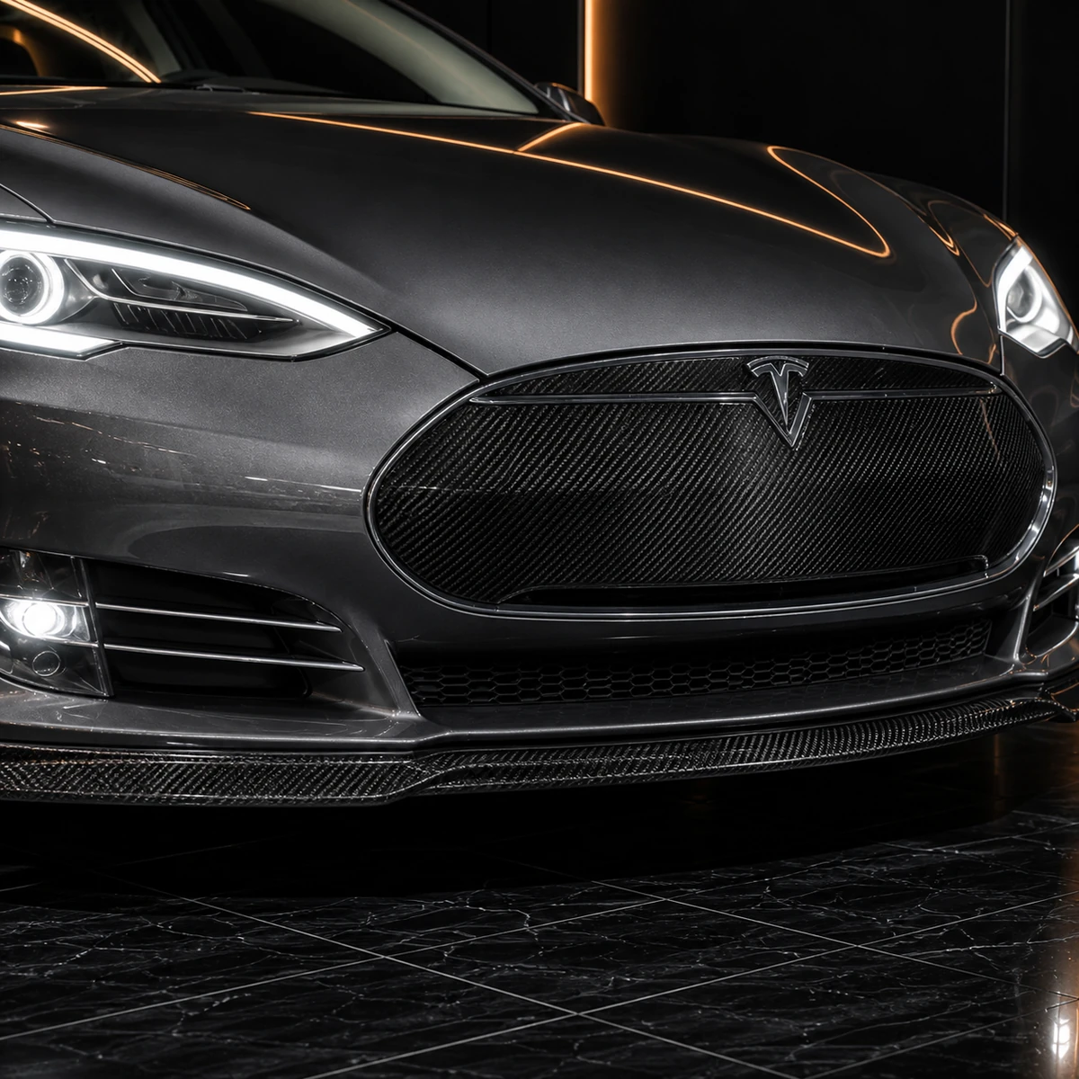 Tesla Model S 85D carbon oval grille cover front half and fog garnish AI concept detail