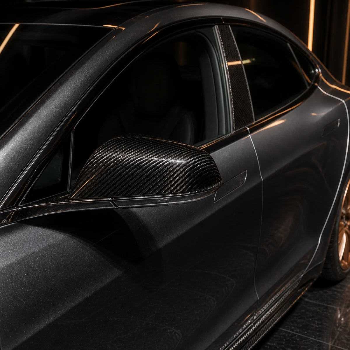Tesla Model S 85D carbon mirror and B-pillar covers AI concept detail