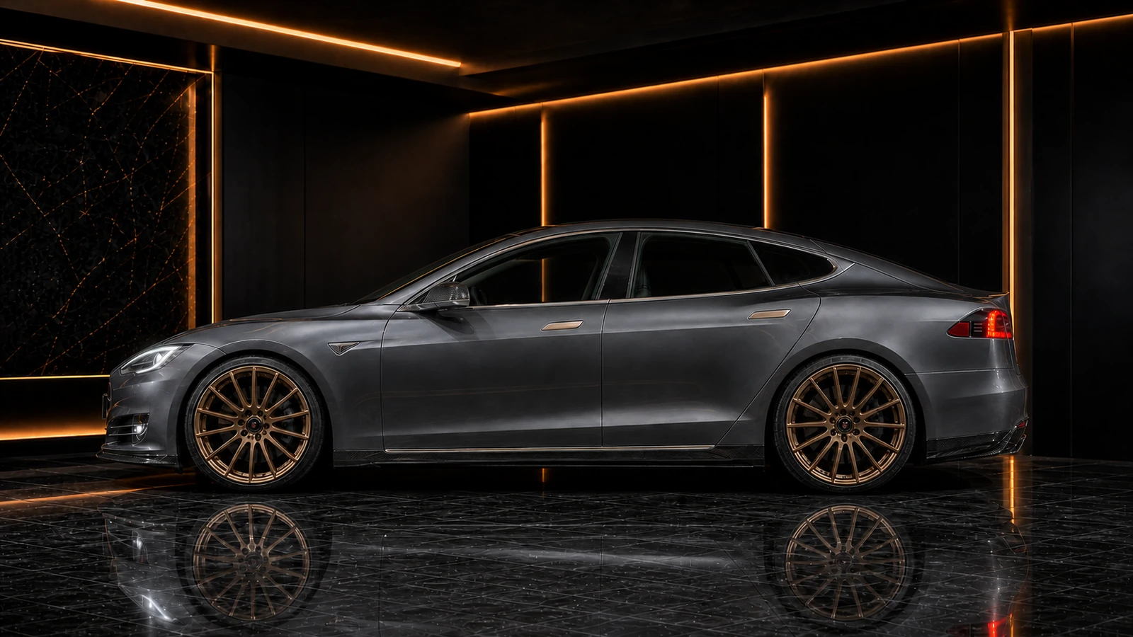 Tesla Model S 85D factory-width carbon side steps and mirror covers AI concept profile