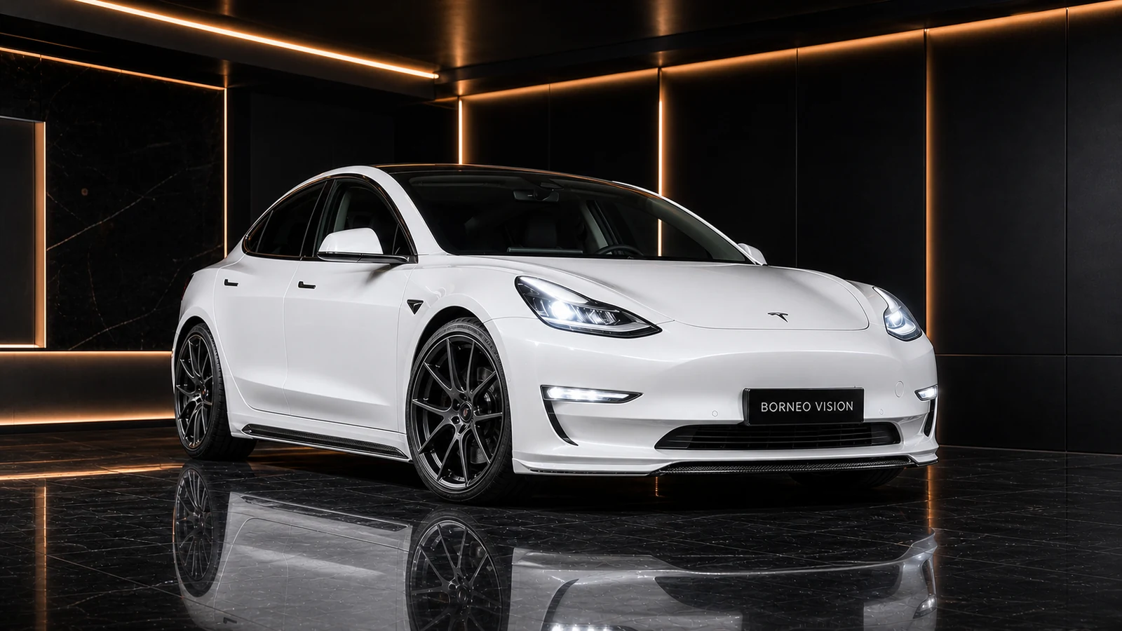Arctic Pearl White Tesla Model 3 Pre-Highland factory-width carbon accent front AI concept visual