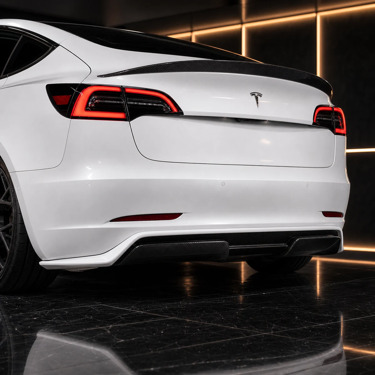 Tesla Model 3 Pre-Highland carbon EV diffuser and trunk spoiler AI concept detail