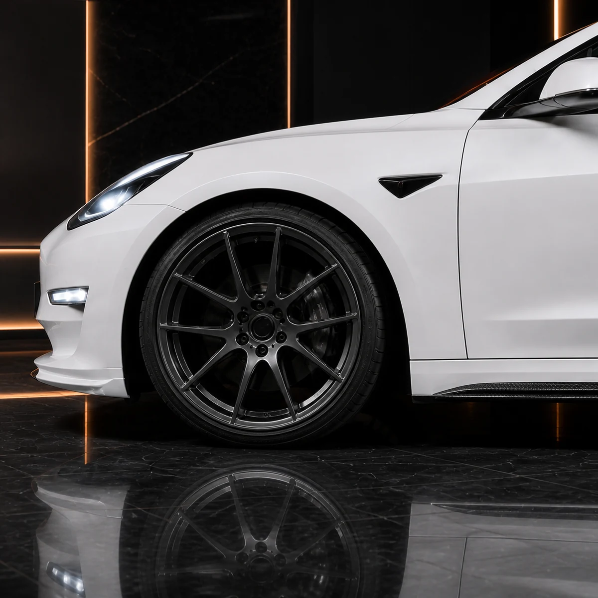 Tesla Model 3 Pre-Highland graphite wheel factory arch and carbon side-under AI concept detail