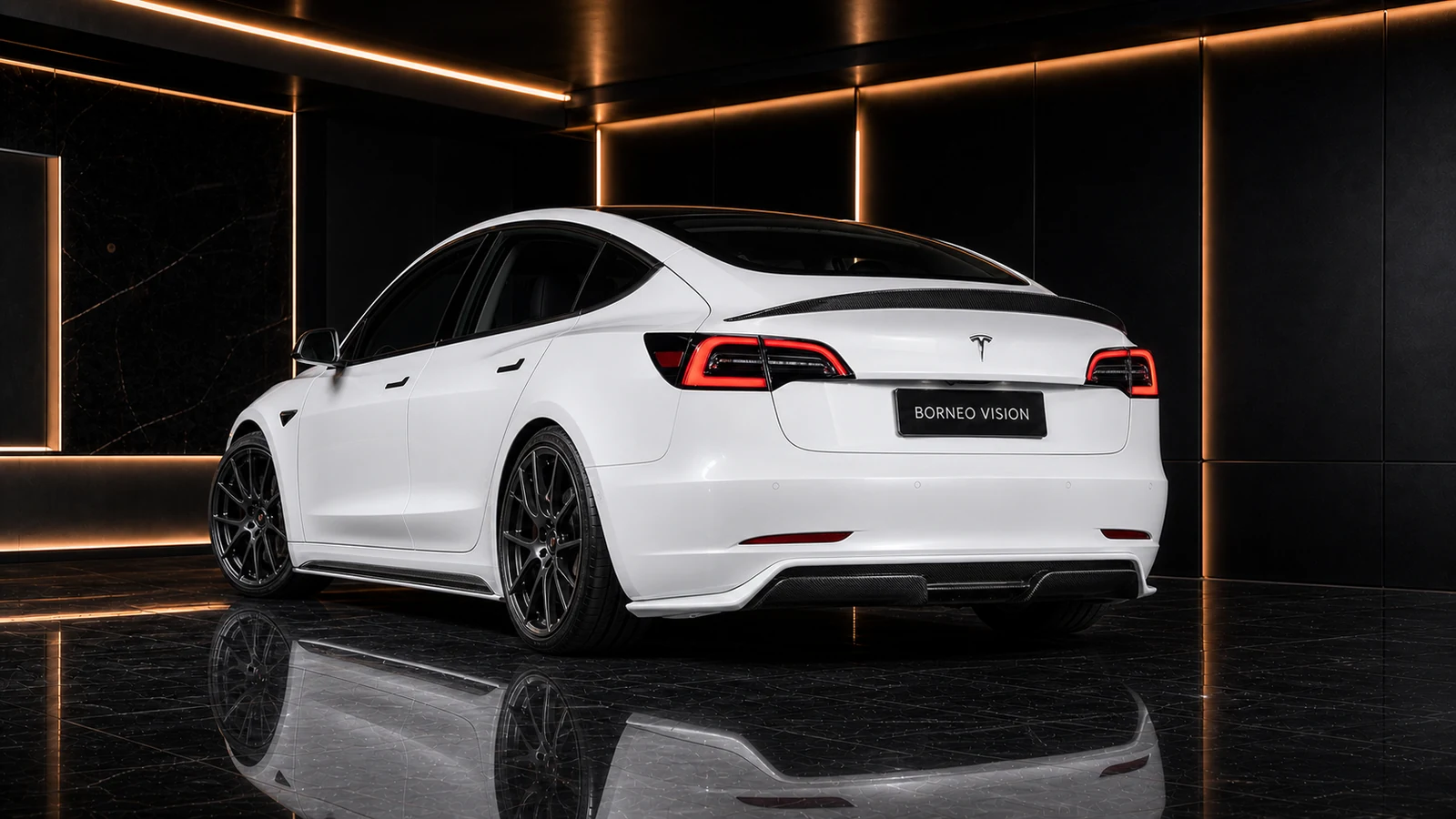 Tesla Model 3 Pre-Highland carbon EV diffuser and trunk spoiler AI concept visual