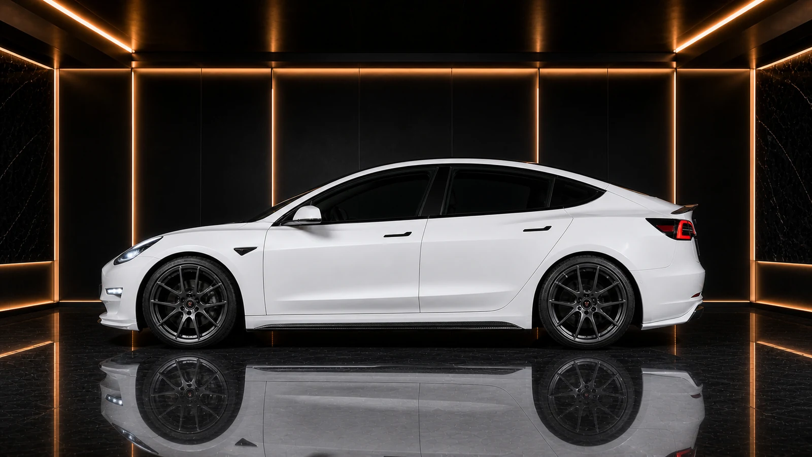 Tesla Model 3 Pre-Highland factory arches and carbon side-under AI concept profile