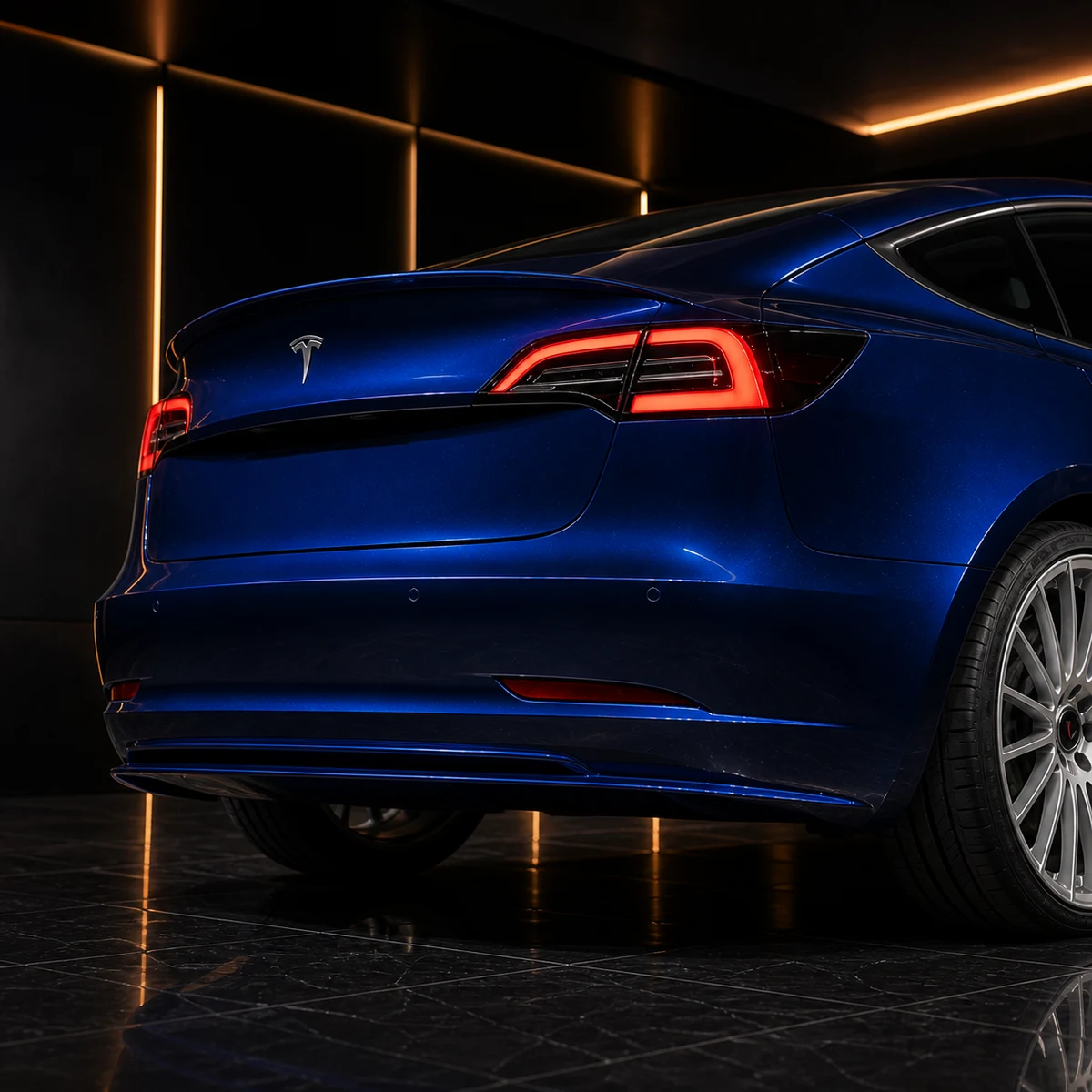 Tesla Model 3 Pre-Highland EV rear diffuser and low trunk spoiler AI concept detail
