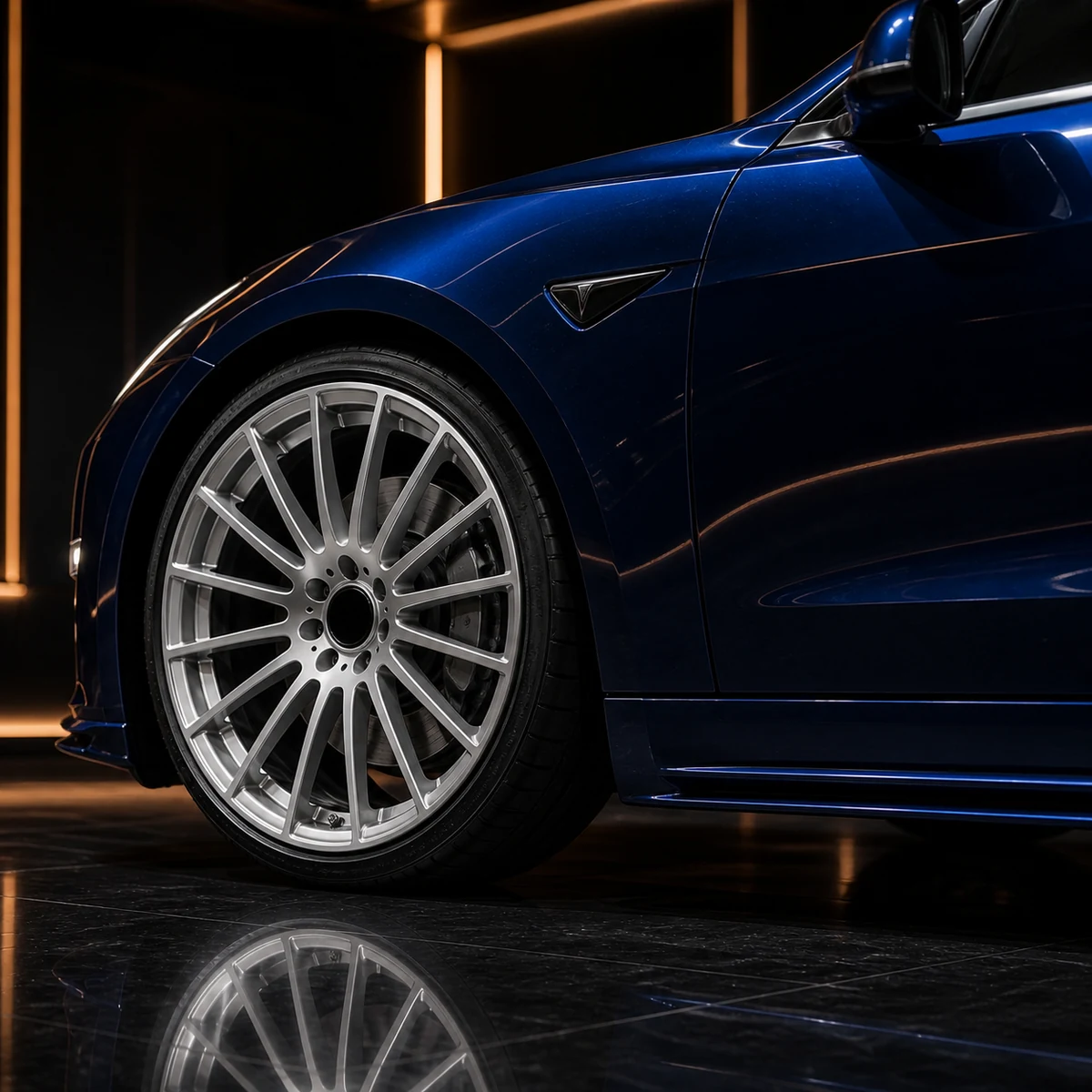 Tesla Model 3 Pre-Highland silver wheel factory metal arch and painted side-under AI concept detail