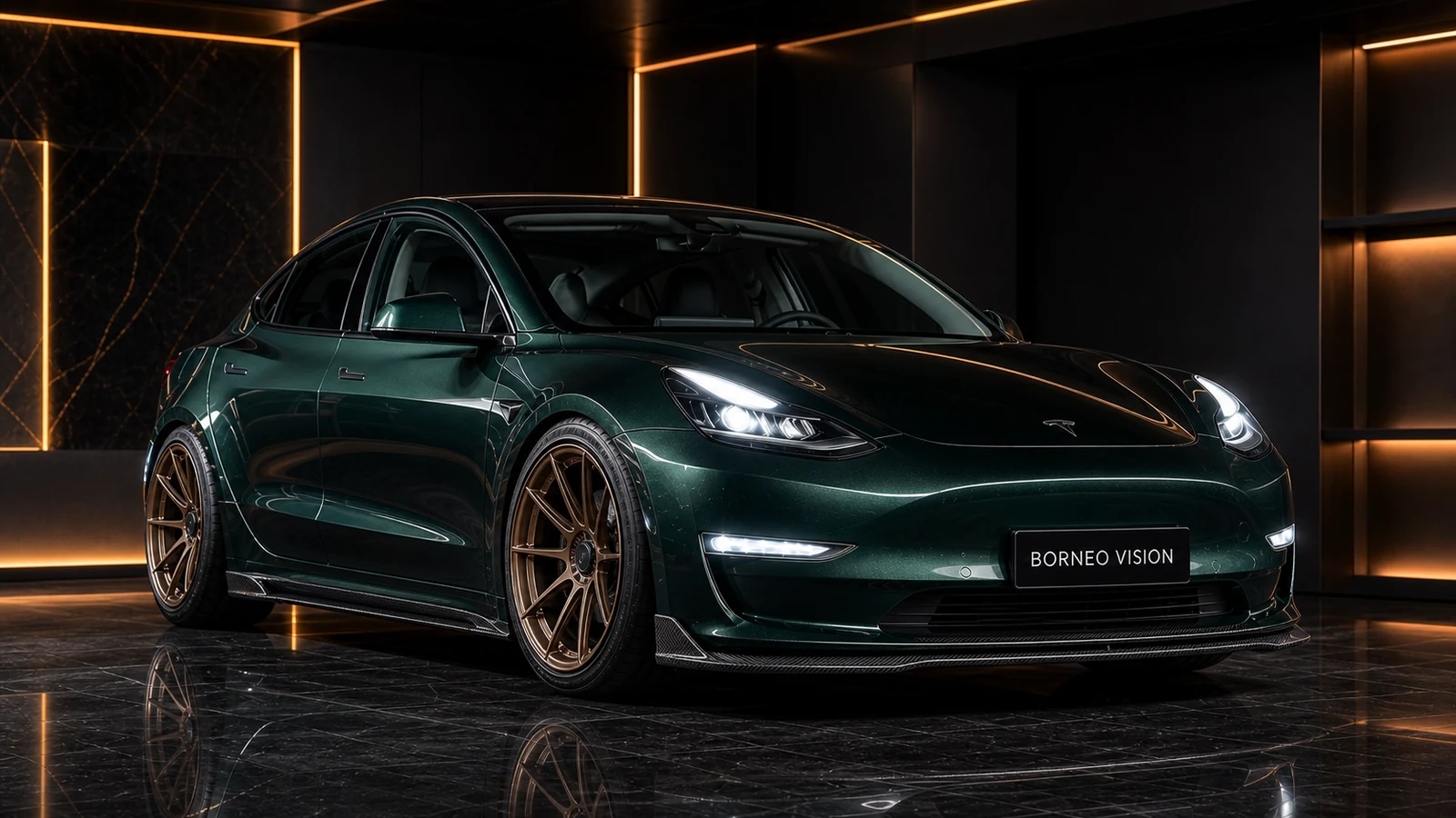 Deep Emerald Tesla Model 3 Pre-Highland EVS carbon accent widebody front AI concept visual