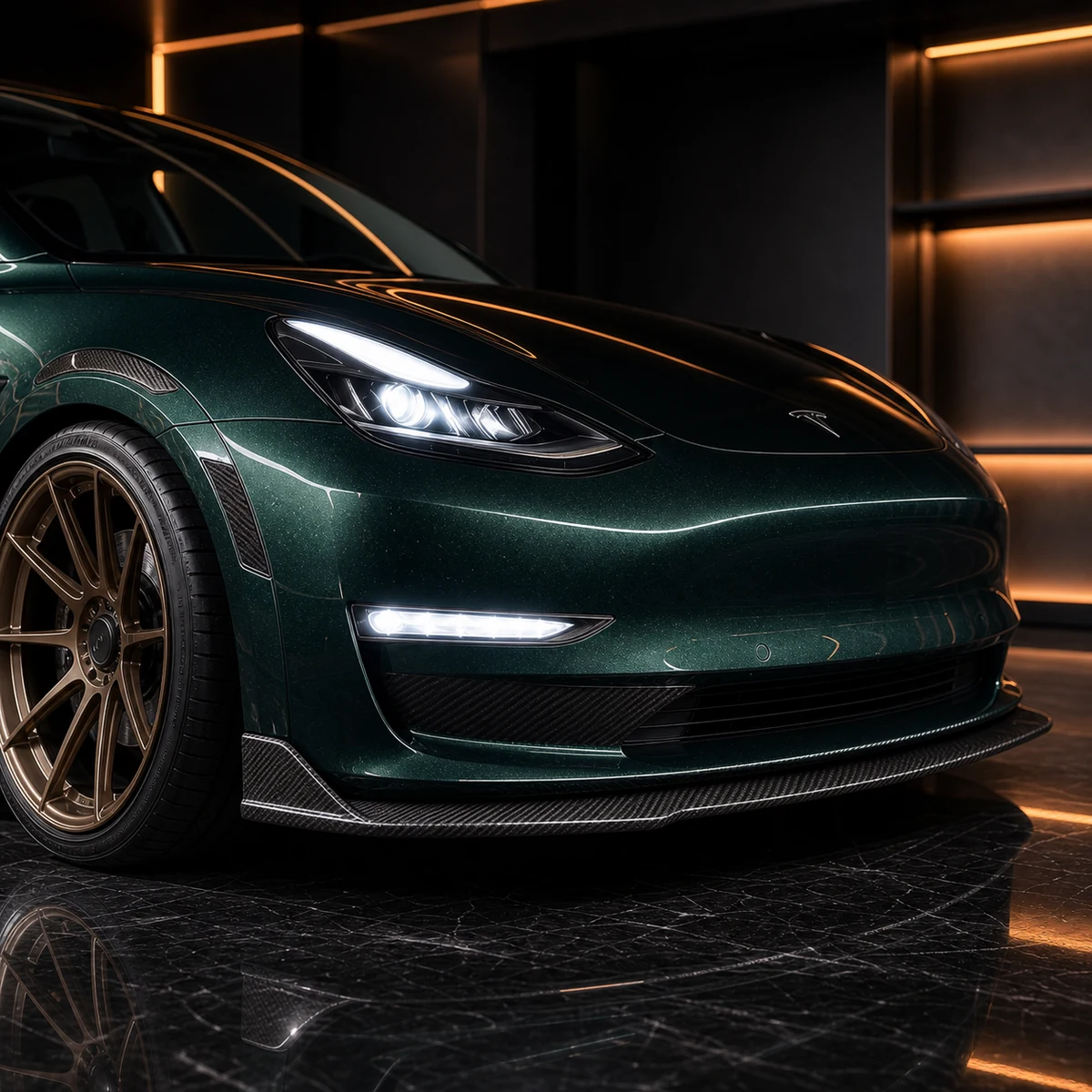 Tesla Model 3 Pre-Highland EVS carbon front under garnish arch accent and duct AI concept detail