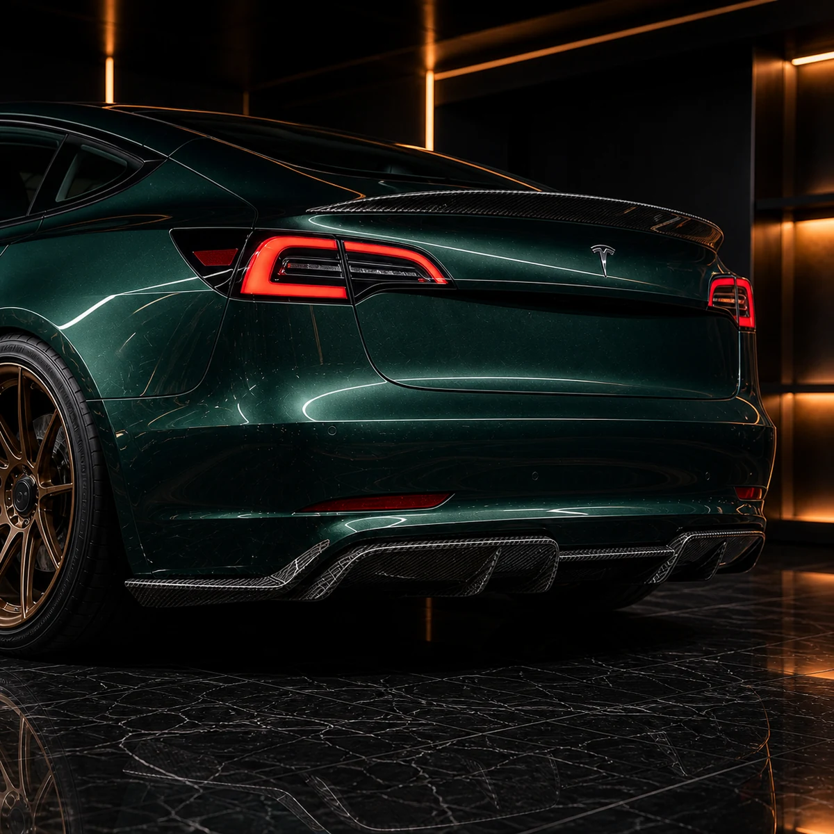 Tesla Model 3 Pre-Highland EVS painted rear overfender and carbon diffuser AI concept detail