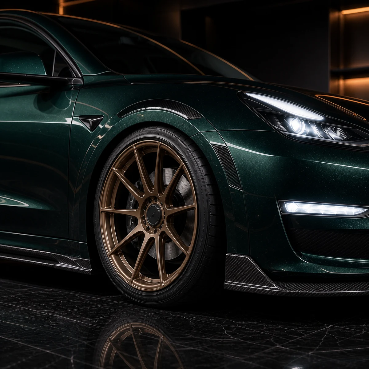 Tesla Model 3 Pre-Highland EVS bronze wheel carbon arch accent and fender duct AI concept detail