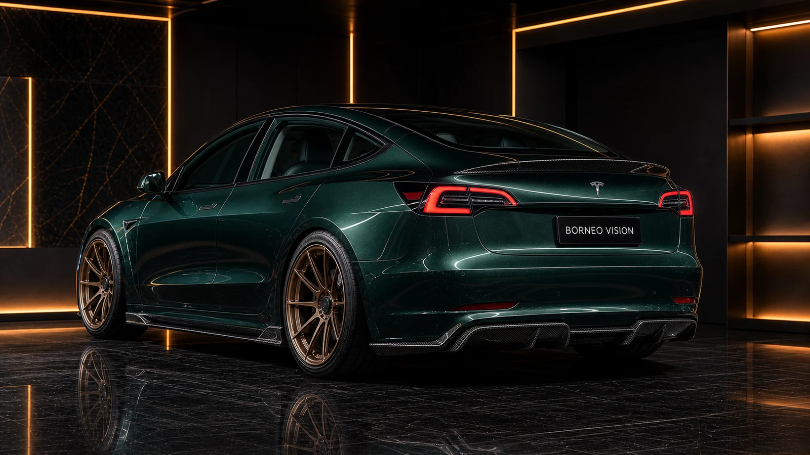 Tesla Model 3 Pre-Highland EVS painted rear arches and carbon EV diffuser AI concept visual
