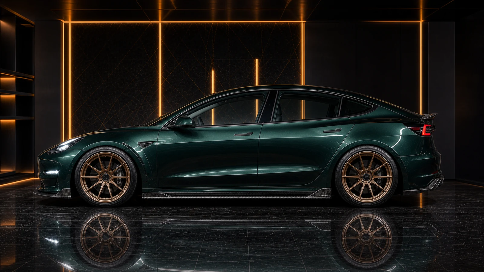 Tesla Model 3 Pre-Highland EVS carbon-accent widebody hierarchy AI concept profile