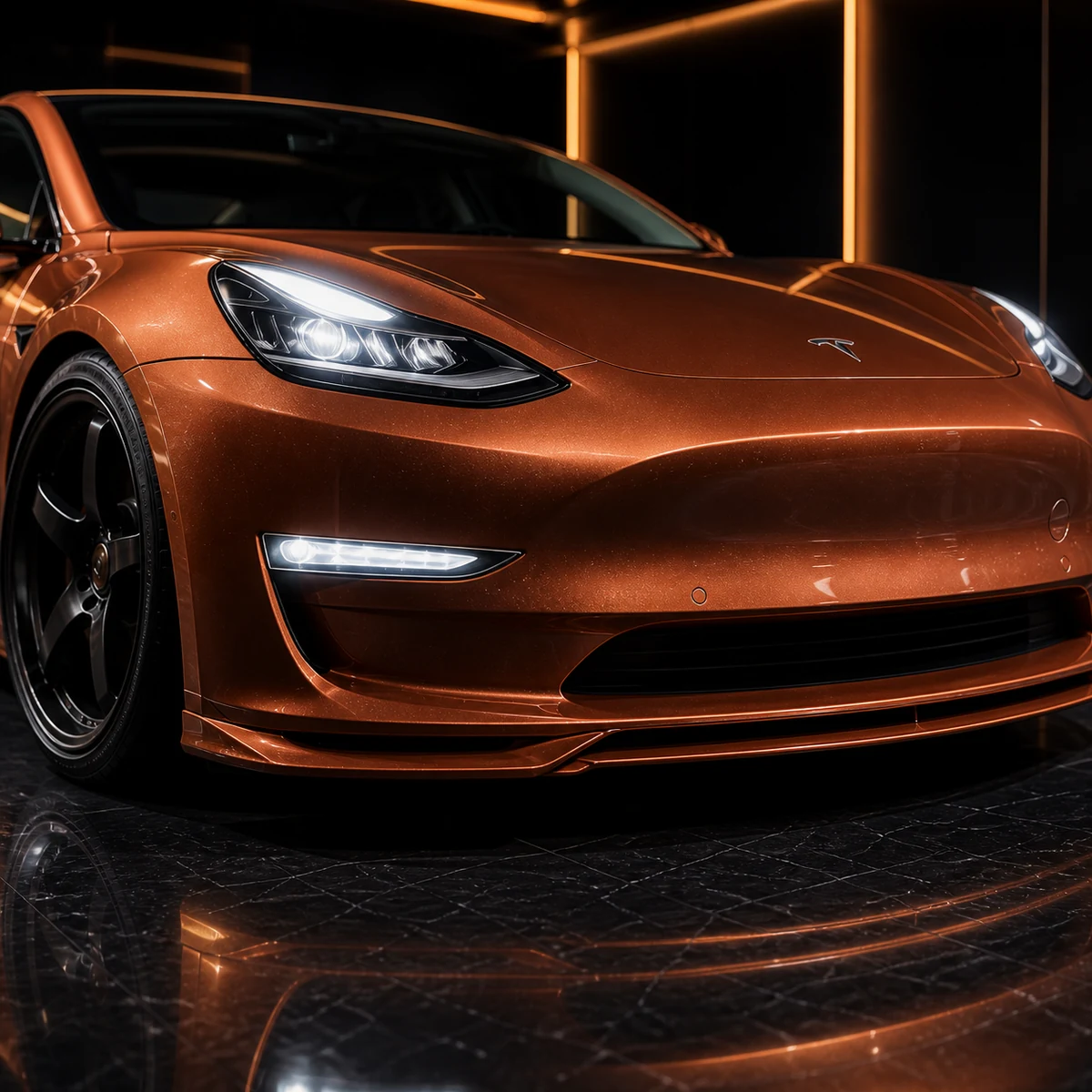 Tesla Model 3 Pre-Highland EVS painted front under and widened front arch AI concept detail