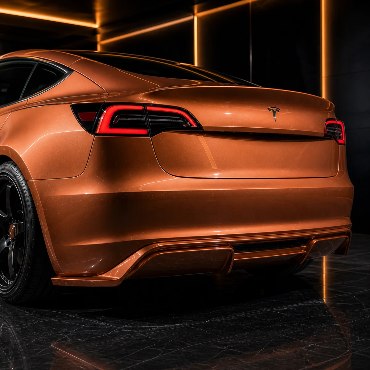 Tesla Model 3 Pre-Highland EVS rear overfender and painted EV diffuser AI concept detail