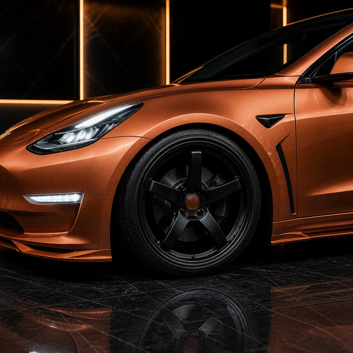 Tesla Model 3 Pre-Highland EVS black wheel widened front arch and fender duct AI concept detail