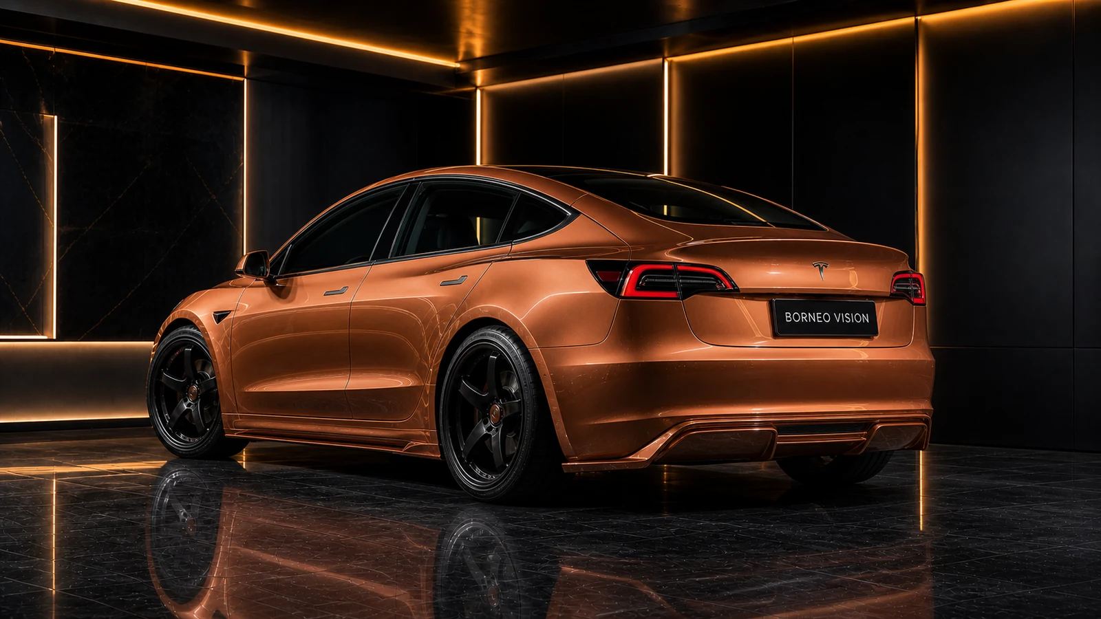 Tesla Model 3 Pre-Highland EVS broader rear arches and painted EV diffuser AI concept visual