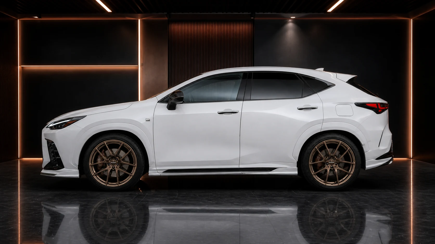 Pearl White Lexus NX F SPORT Core Aero six-piece side under AI concept visual