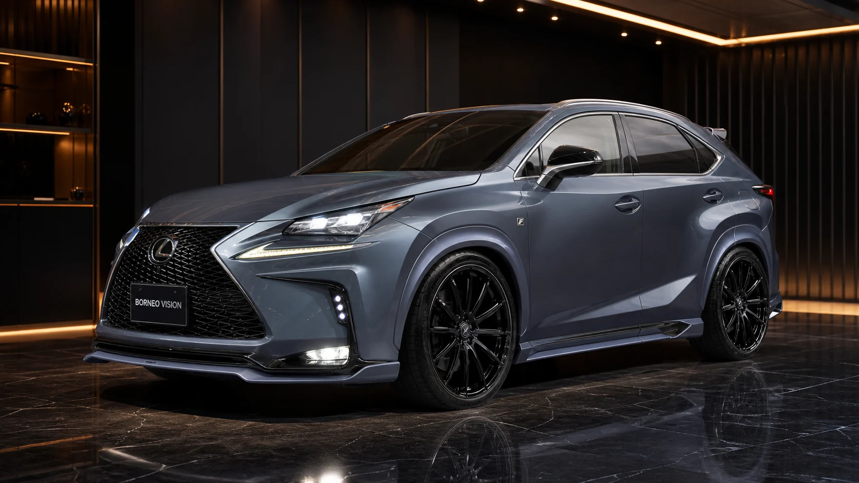 Titanium Blue-Grey Lexus NX200t F SPORT 8–10 mm mild-arch complete front AI concept visual