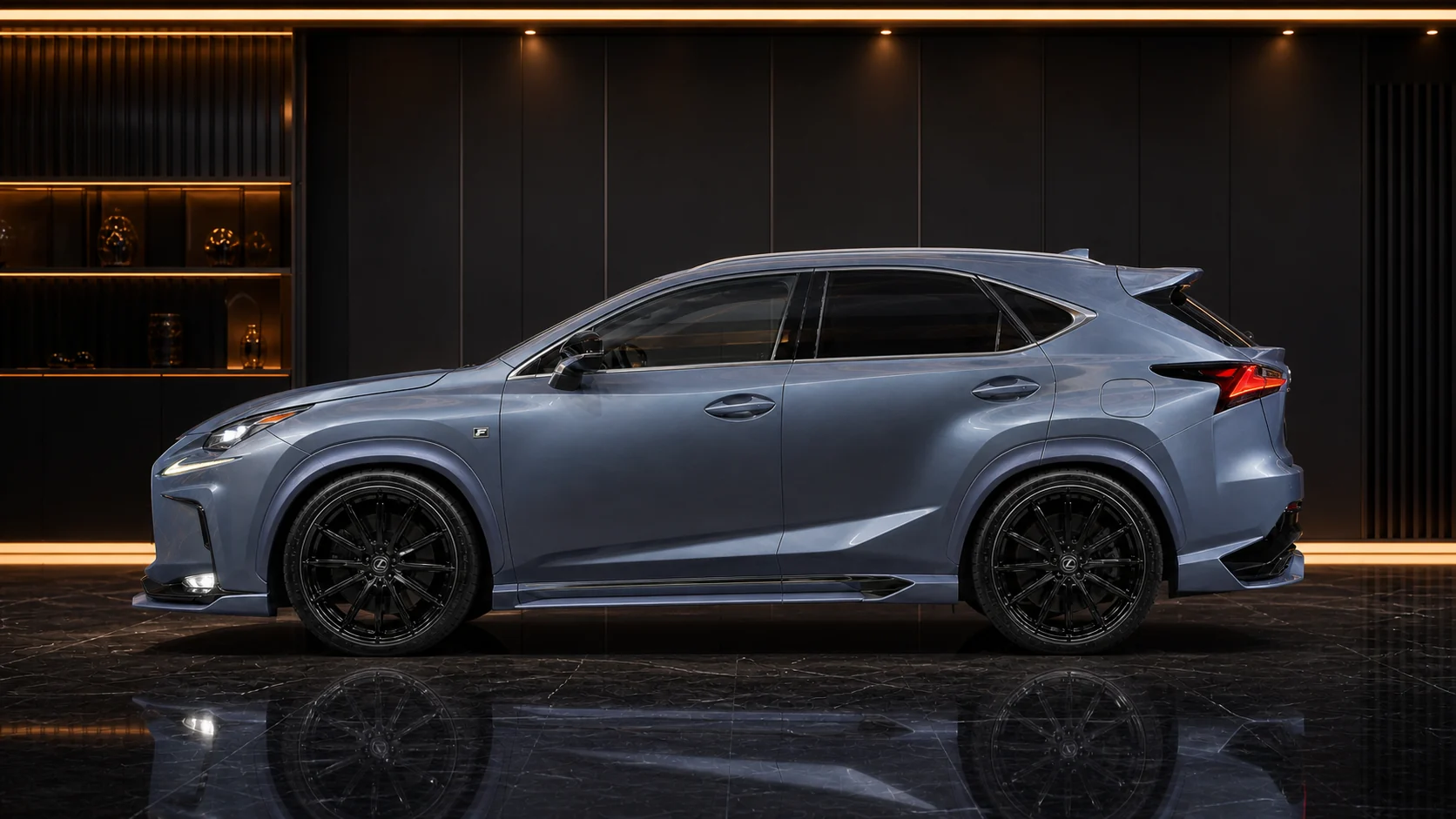 Titanium Blue-Grey Lexus NX200t F SPORT 8–10 mm mild-arch side AI concept visual