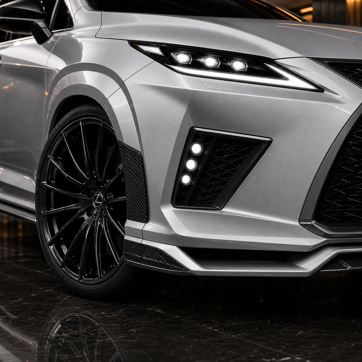 Lexus RX300 front under, six-lamp garnish and carbon wide arch AI concept detail