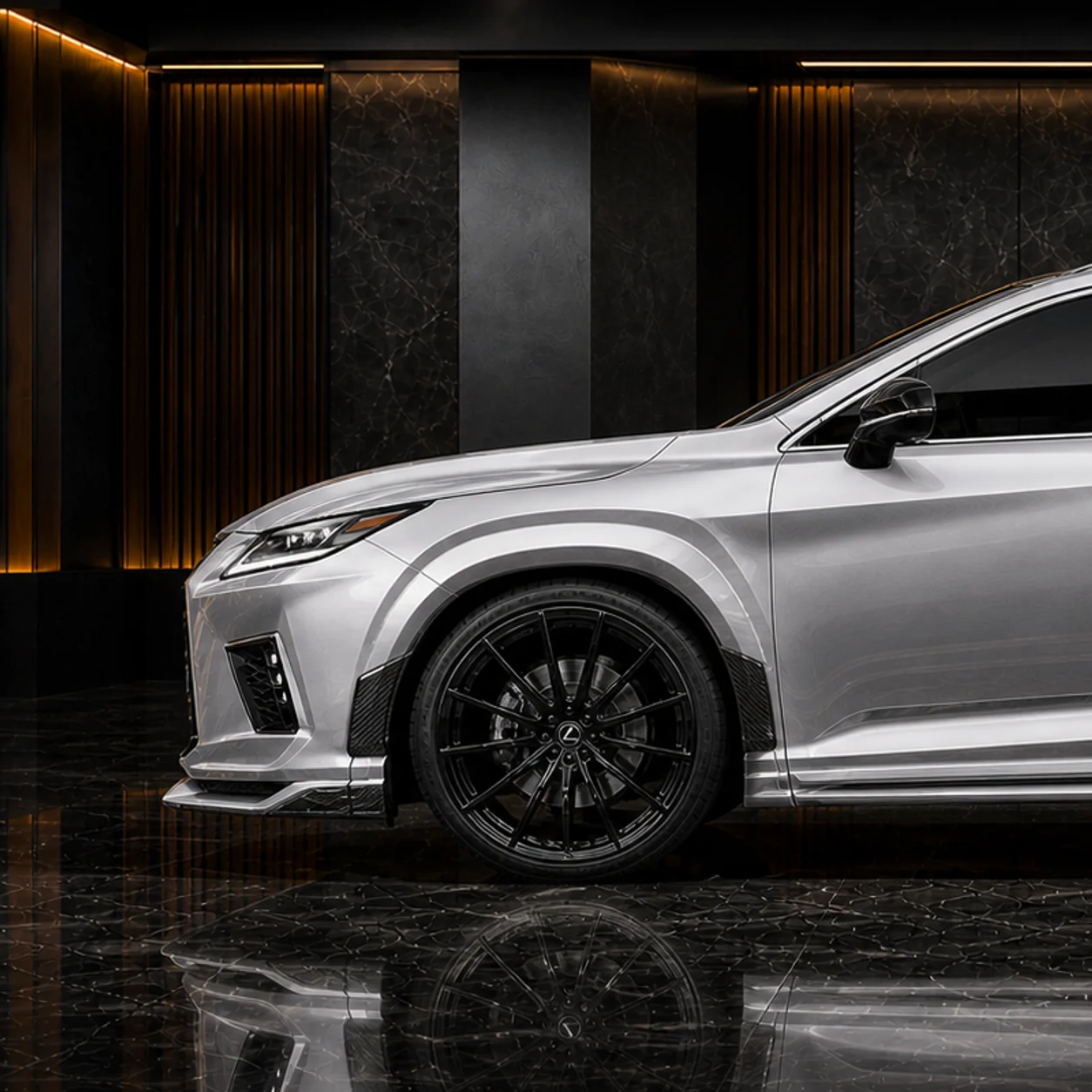 Lexus RX300 black wheel and CFRP+FRP 30 mm front arch AI concept detail