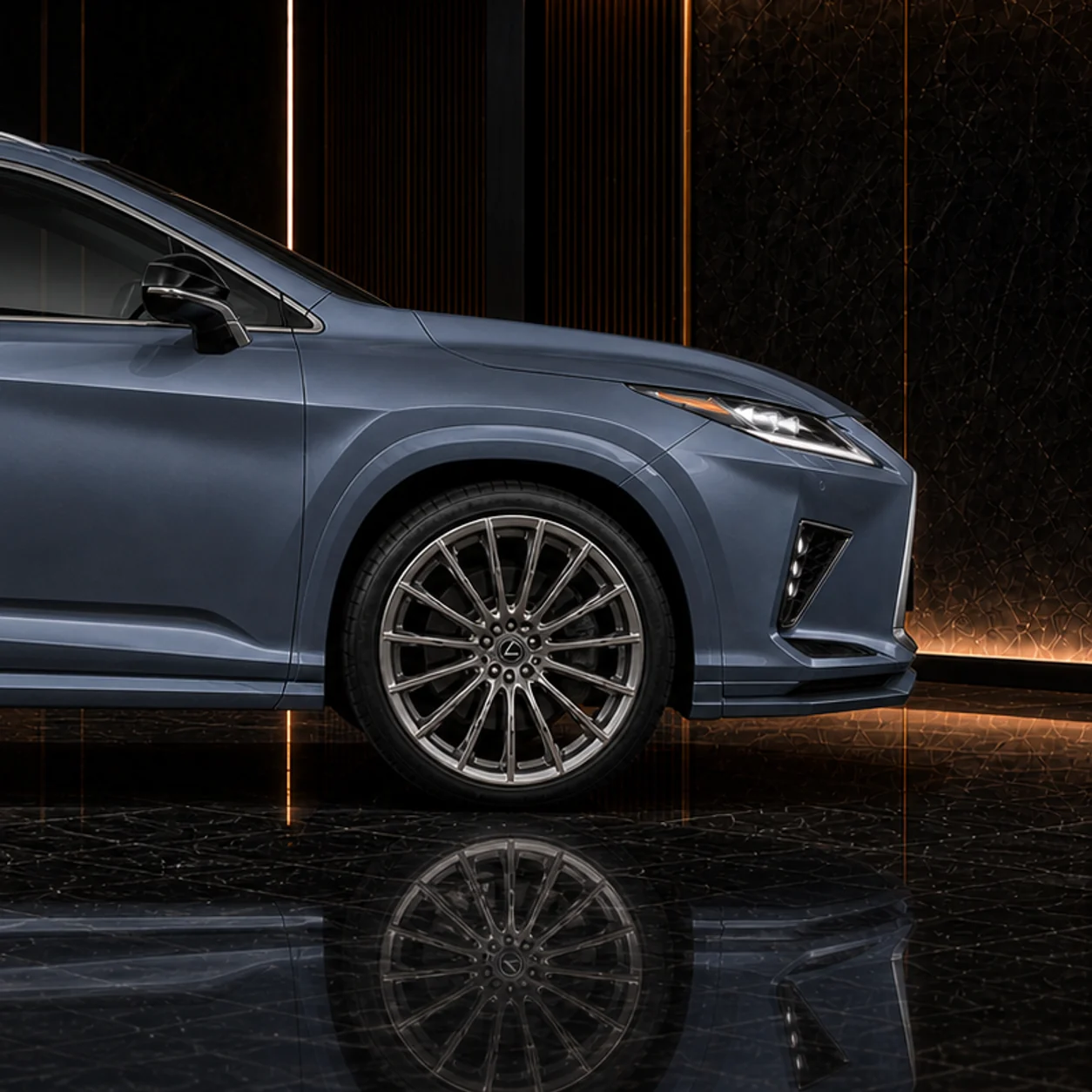 Lexus RX300 satin-titanium wheel, 30 mm arch and side under AI concept detail