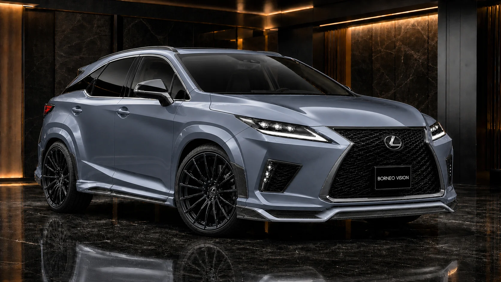 Titanium Blue-Grey Lexus RX450h standard 30 mm carbon-accent wide front AI concept visual