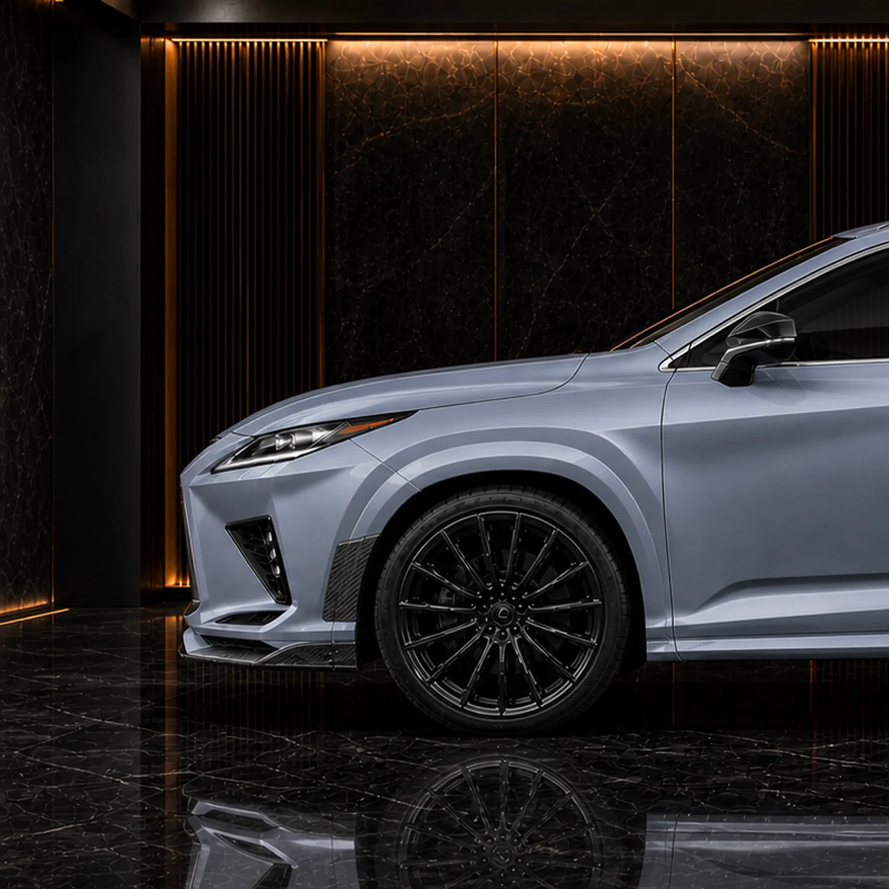 Lexus RX450h black wheel and CFRP+FRP 30 mm front arch AI concept detail