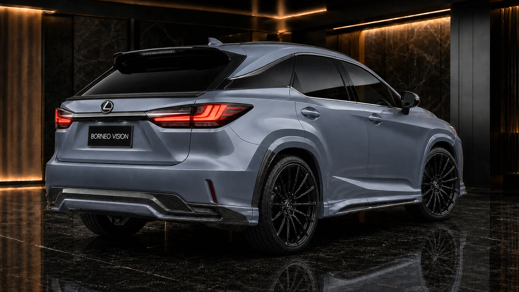 Titanium Blue-Grey Lexus RX450h standard carbon-accent hybrid rear AI concept visual
