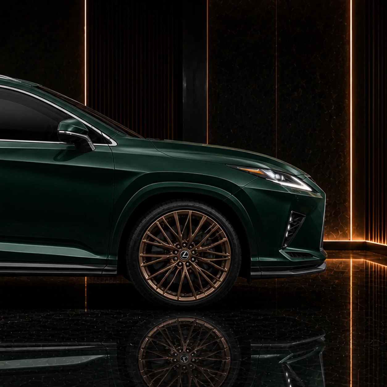 Lexus RX450h satin-bronze wheel, 30 mm arch and side under AI concept detail