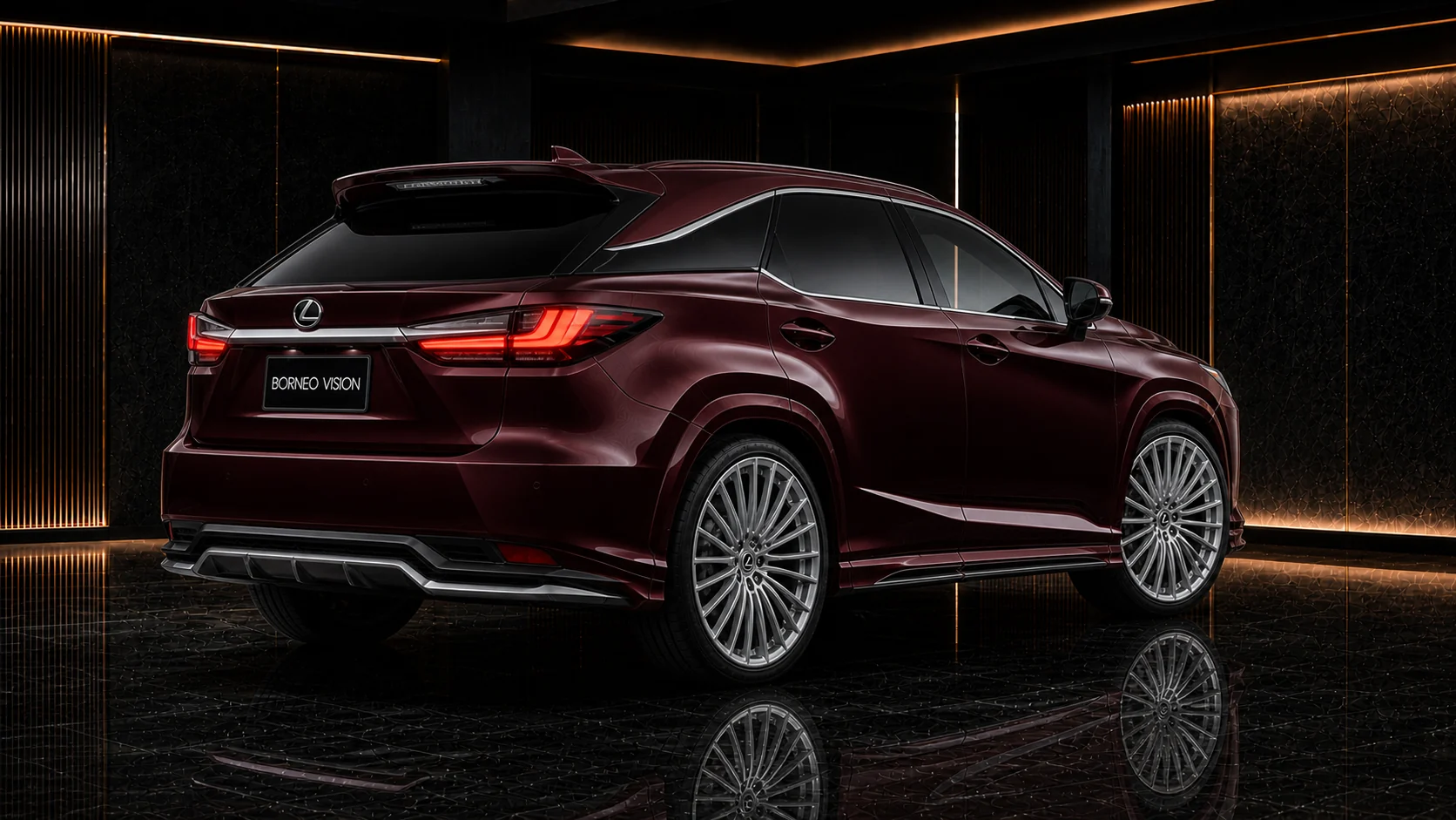 Deep Burgundy Lexus RX450h standard grade mild-arch hybrid rear AI concept visual