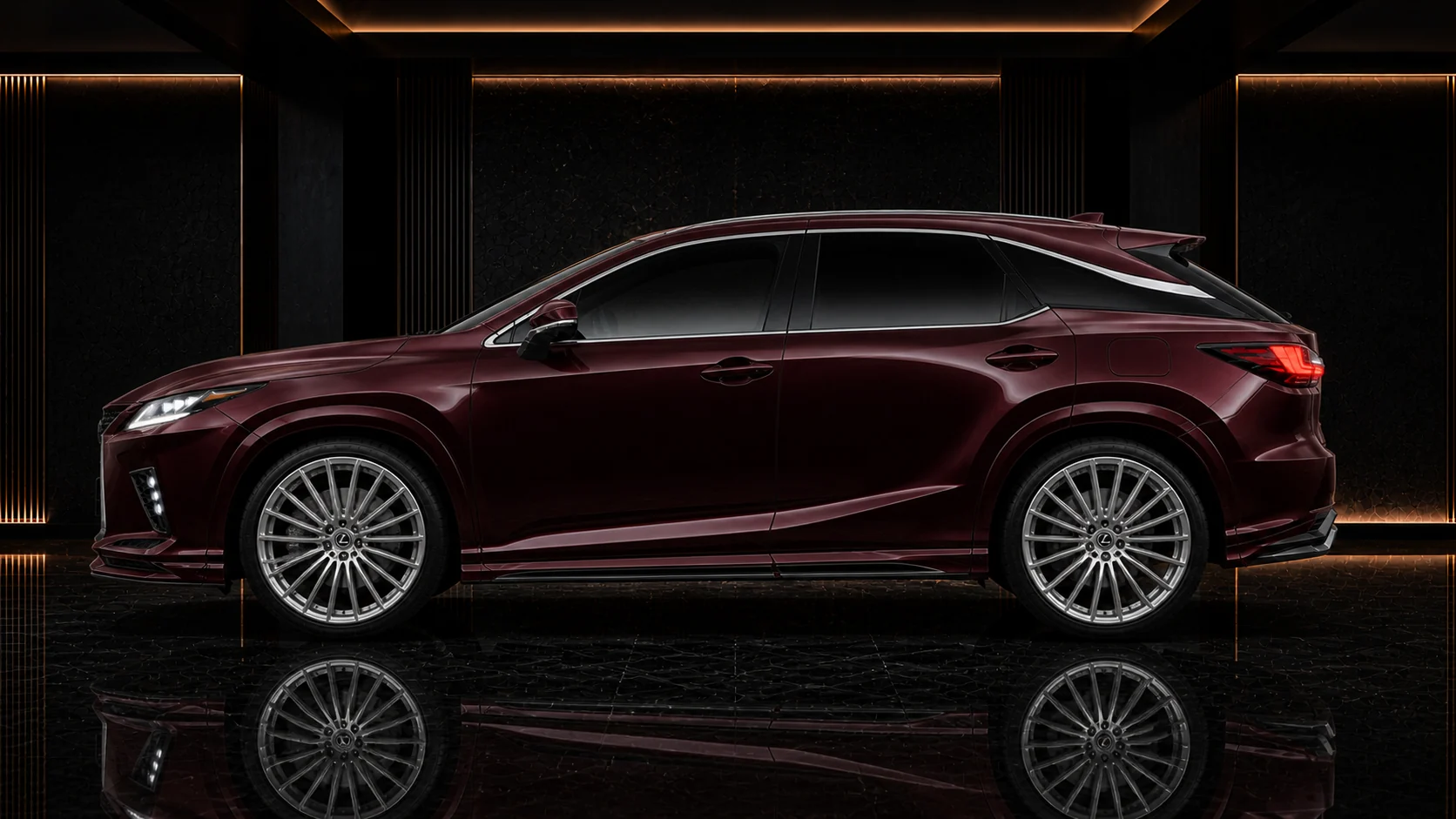 Deep Burgundy Lexus RX450h standard grade 8–10 mm mild-arch side AI concept visual