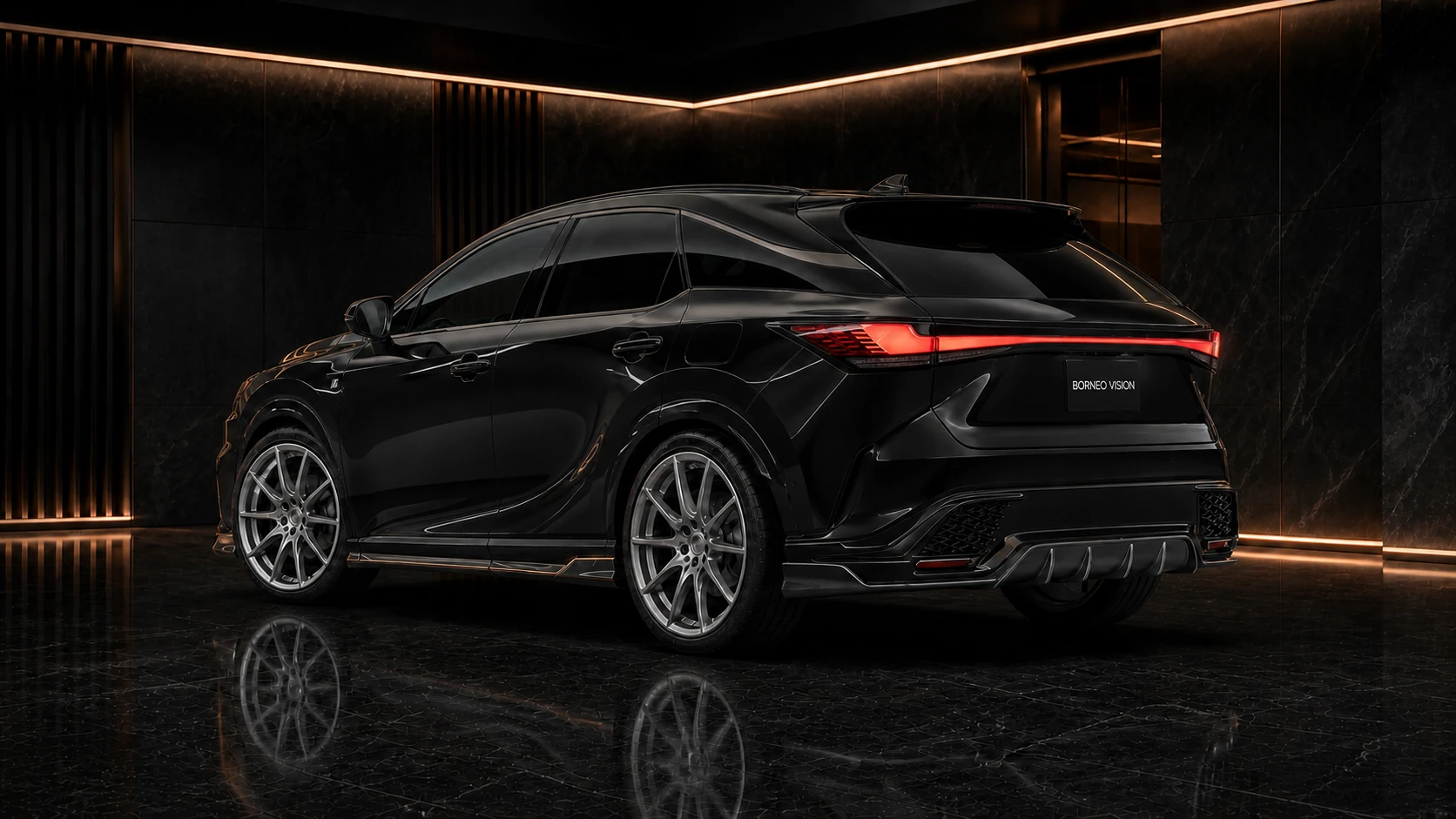 Obsidian Black Lexus RX500h F SPORT Performance three-piece rear under diffuser AI concept visual