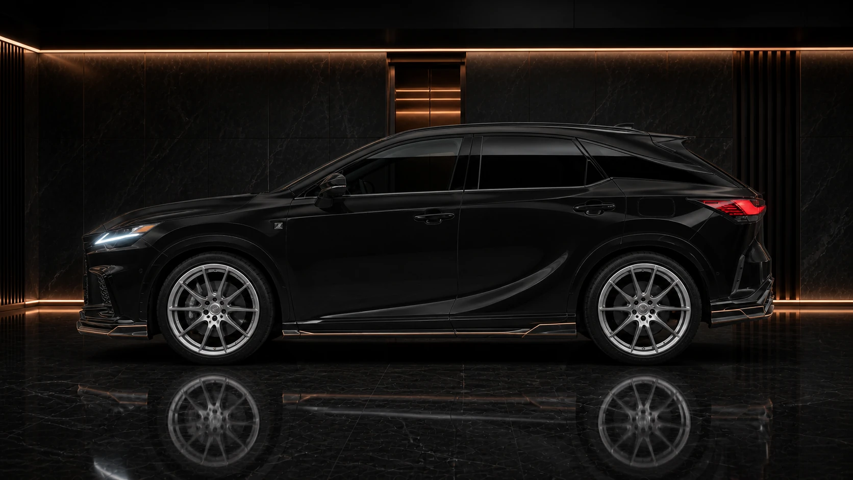 Obsidian Black Lexus RX500h F SPORT Performance six-piece side diffuser AI concept visual
