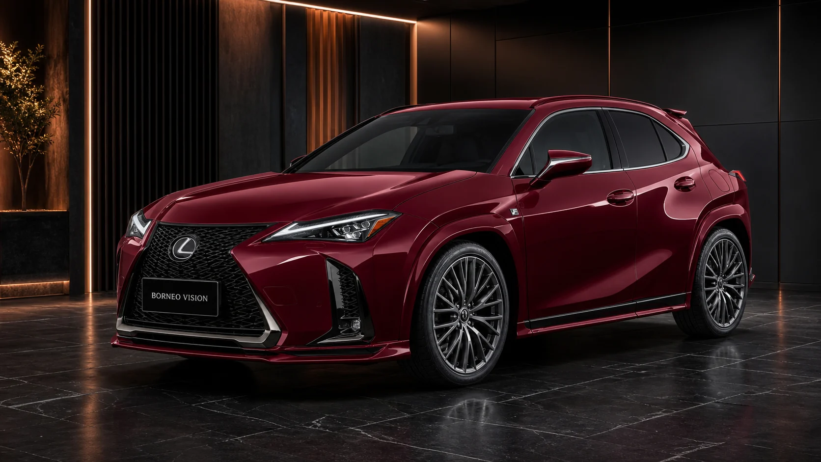 Deep Burgundy Lexus UX200 F SPORT 8–10 mm mild-arch complete front AI concept visual