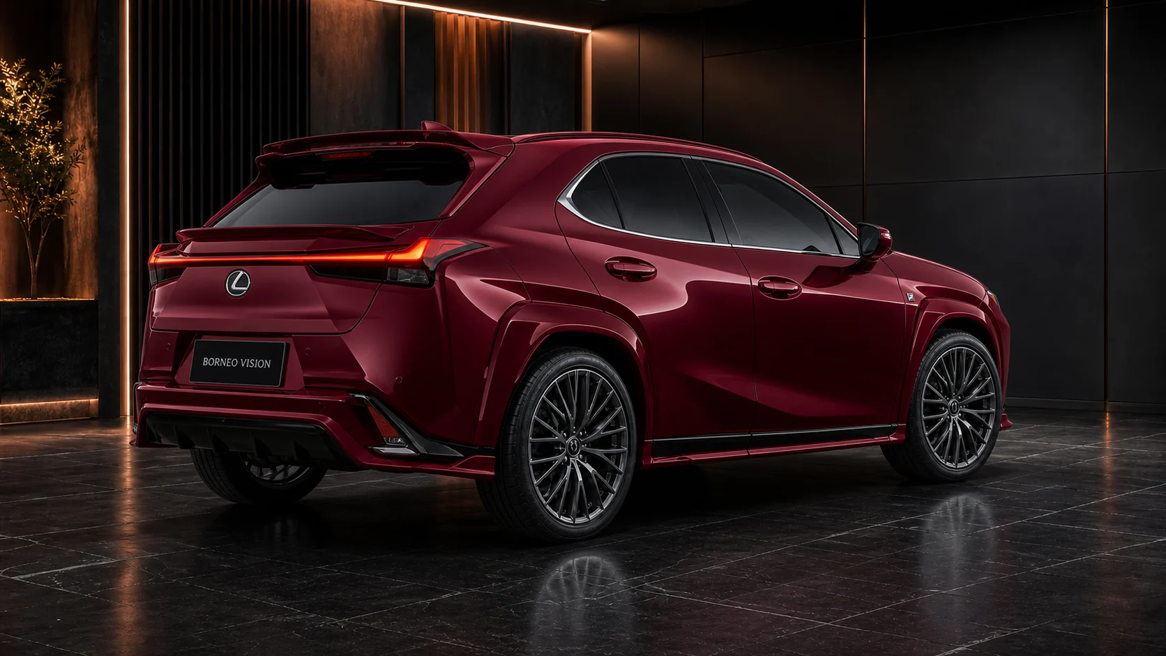 Deep Burgundy Lexus UX200 F SPORT mild-arch complete rear AI concept visual